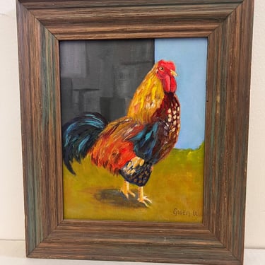 Free Shipping within Continental US - Vintage Folk Art Impressionist Style Painting of a Rooster in a Rustic Wooden Frame 