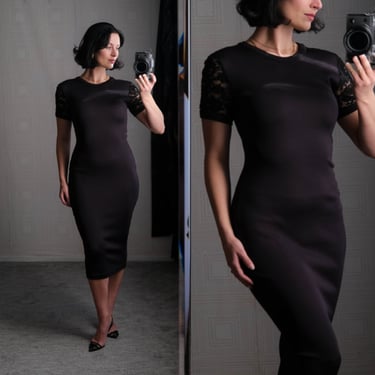Vintage 90s CHANTAL THOMASS PARIS 91/92 Black Lycra Hourglass Bodycon Dress w/ Lace Sleeves | Made in France | 1990s French Designer Dress 