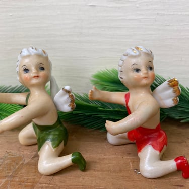 Kitschy Christmas Angel Candle Huggers, Red And Green Angels, Vintage Christmas Table Decor, Made In Japan 