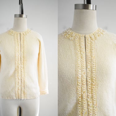 1960s Cream Boucle Beaded Cardigan Sweater 