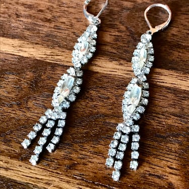 Vintage Rhinestone Earrings Dangle Drop Glass Stones 1980s 1990s Fashion Jewelry 