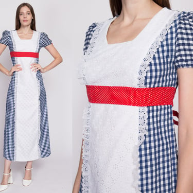 Petite Small 60s Gingham Prairie Maxi Dress | Vintage Red White Blue Boho A Line Cottagecore Lace Apron Dress 