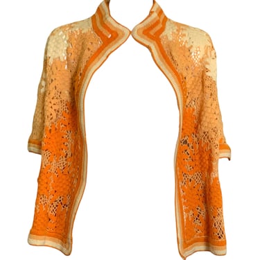 1920's Hand Crocheted Short Sleeve Deco Cardigan In Ombre Ivory to Orange