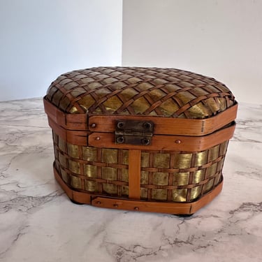 Woven Box Basket - Woven Box with Brass - Hinged Bamboo Lidded Box - Woven Chest 