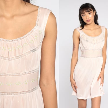 70s Lingerie Nightgown Sheer LACE Babydoll Slip Dress Pale Pink 1970s Sheer Nylon Mini Slip Vintage Empire Waist Boho Small 
