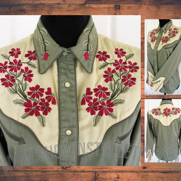 Vintage Western Retro Women's Cowgirl Shirt by Roper, Rodeo Queen Blouse, Moss Green, Embroidered Pink Flowers, Medium (see meas. photo) 