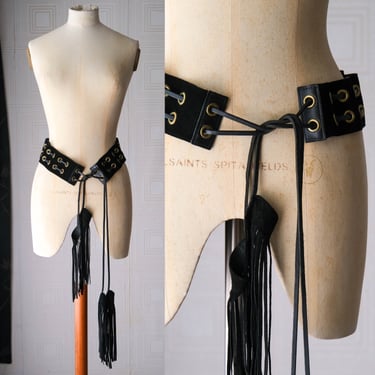 Vintage 90s Suede Black Leather Belt w/ Gromets & Woven Hanging Tassels | Tie Waist | Fringe Hip Belt 1980s 1990s Designer Leather Belt 