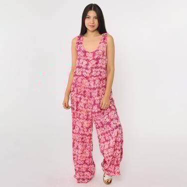 Vintage Floral Wide Leg Jumpsuit 90s Pink Tie Dye Resortwear Baggy Scoop Neck Sleeveless Romper Retro Summer Batik One Piece Y2K Medium M 