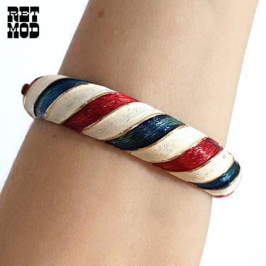 Chunky Vintage Red White Blue Stripe Metal Clamp Bangle Bracelet 