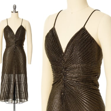 Vintage 1980s Dress | 80s does 50s Marilyn Monroe Travilla Style Metallic Lurex Gold Pleated Cocktail Evening Party Gown (x-small/small) 