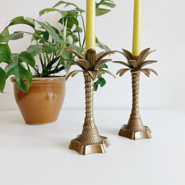 Pair of Brass Palm Tree Candle Holders