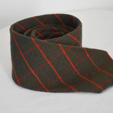 1980s Sears Olive Green and Red Plaid Wool Necktie 