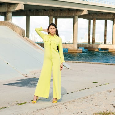 60s Lime Neon Green Long Sleeve Jumpsuit Vintage Rayon Fitted Jumpsuit 