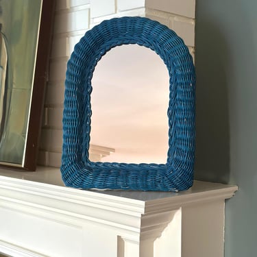 Wicker Wall Mirror | Blue Wicker | Boho Wall Decor | Boho Modern | Vintage Rattan Mirror | 15.5