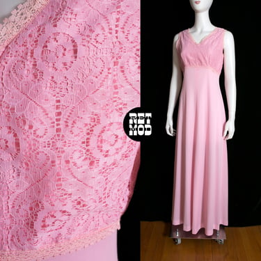 Sweet Vintage 60s 70s Light Pink Floral Lace Tank Maxi Dress 