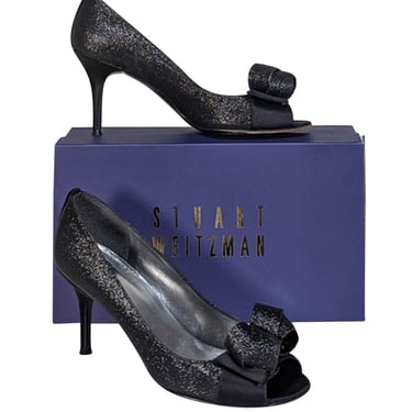 Stuart Weitzman - Black Glitter Peep Toe Basic Pumps Sz 9