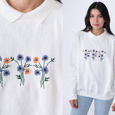 Floral Collared Sweatshirt 90s White Embroidered Grandma Sweatshirt Retro Flower Print  Slouchy Graphic Vintage 1990s Oversized Large L 