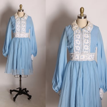 Late 1960s Early 1970s Light Blue and White Floral Lace Puffy Long Sleeve Mini Dress -S 