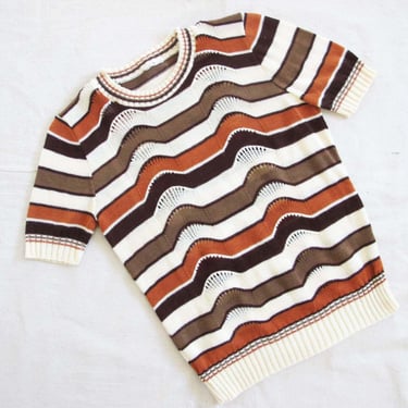 Vintage 70s Chevron Stripe Knit Top S M - 1970s Brown Coral Earthtone Knitted Short Sleeve Shirt 