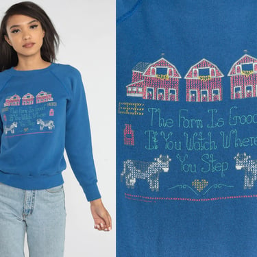 Farm Sweatshirt 80s Blue Funny Shirt Watch Where You Step Cross Stich Graphic Joke Raglan Sleeve Retro Cow Vintage 1980s Extra Small xs 