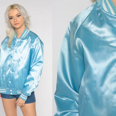 Baby Blue Bomber Jacket 80s Baseball Jacket Snap Up Varsity Uniform Nylon Windbreaker Retro Pastel Streetwear Plain Vintage 1980s Medium M 