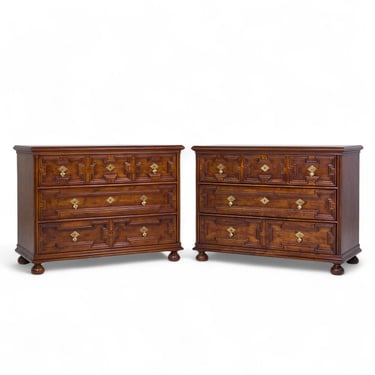 Henredon Jacobean Style Oak and Brass Dresser Chest of Drawers - Pair 