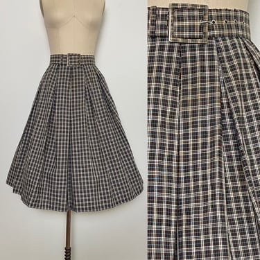 Vintage 1950s Cotton Full Skirt 50s Pleated Plaid w Belt 