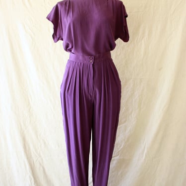 80s 90s Purple Silk High Waisted Pants and Blouse Set Size S 