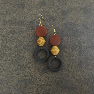 statement earrings bold earrings orange geometric earrings rustic natural earrings Long wooden earrings Afrocentric African earrings