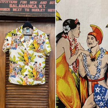 Vintage 1980’s Eugene Savage 1940’s Style Hawaiian Native Print Rayon Shirt, 80’s Tropical Shirt, 80’s Hawaiian Shirt, Vintage Clothing 