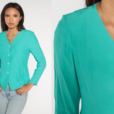 Turquoise Blouse 80s Button up Shirt Green Top Plain Simple V Neck Collarless Long Sleeve Shirt Retro Basic Vintage 1980s Small S 