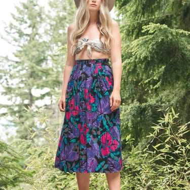 Vintage 80s Floral Midi Skirt, Tropical Neon Pleated Skirt 
