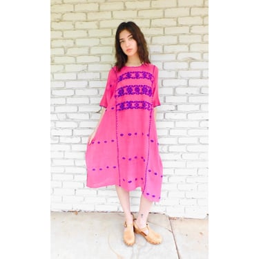 Hand Loomed Mexican Dress // vintage 70s embroidered pink 70's 1970's huipil Oaxacan boho hippie midi hippy 1970s woven cotton // O/S 