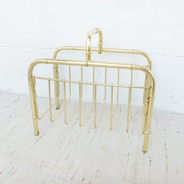 Brass Low Cane and Bamboo Style Magazine Holder / Log Holder 