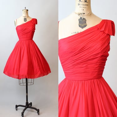 1950s ONE SHOULDER silk chiffon dress xs | new fall 