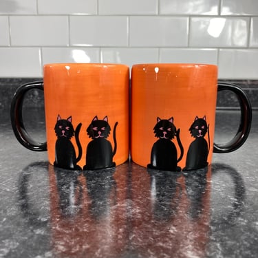 Vintage Orange Cat Mug Set, Inspirado IDC Hand Painted Seattle USA Mugs, Orange Mugs Black Cats, Halloween Mug Set, Black Cat Vintage Mugs 