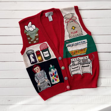 cottagecore sweater vest | 80s 90s vintage P'Galli red Raggedy Ann baking novelty country scenic streetwear sleeveless sweater 
