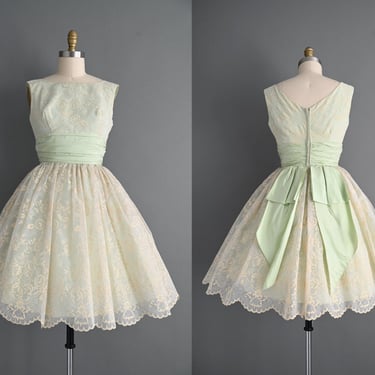 vintage 1950s Mint Green Floral Flocked Cupcake Party Dress | Small 