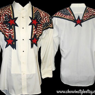 CLEARANCE!  Patriotic Vintage Retro Western Men's Cowboy, Rodeo Shirt, Red White &amp; Blue, Stars and Stripes, 32/33, Approx. Medium-Large 