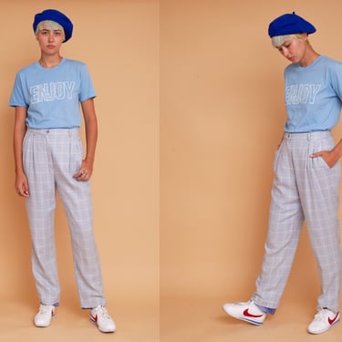 Vintage 80s Houndstooth High Waisted Tailored Wool Pants Trousers Blue Pattern 