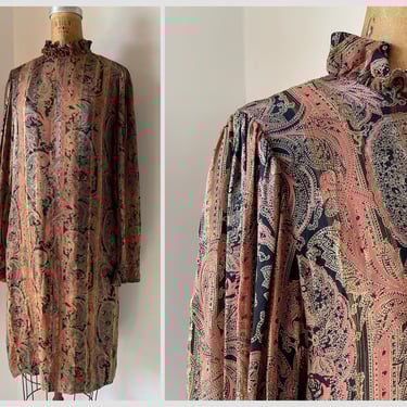 Vintage paisley print sheer silk dress with gold lurex threads | India tissue silk dress, ruffled collar, OOAK, S/M 