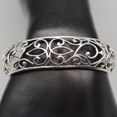 70's Art Nouveau style sterling vines open work cuff, fluid 925 silver leafy hippie half circle bracelet 