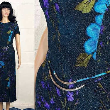 Vintage Floral Blue Glittery Midi Dress Leg Slit Short Sleeve Glitter Scarlett Formal Prom New Year's Party Wedding 1990s Small Medium 