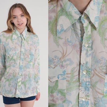 Botanical Shirt 70s Floral Button Up Shirt Fern Leaf Flower Lily Daisy Print Long Sleeve Hippie White Pink Blue Green Vintage 1970s Large L 