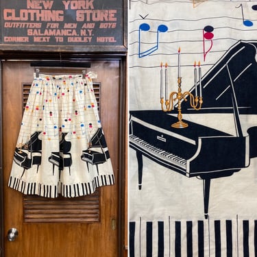 Vintage 1950’s Atomic Music Note Piano Cotton Print Rockabilly Circle Skirt, Vintage Circle Skirt, Piano, Music Notes, 1950’s, Vintage Skirt 