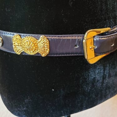 Vintage black leather gold and silver deco belt,  1990s 