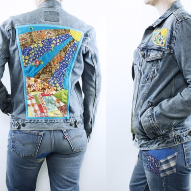 Levi's 4 Pocket Denim Jacket - Quilted Back Panel - Abstract Landscape - Sun Rays - Vintage Fabric 
