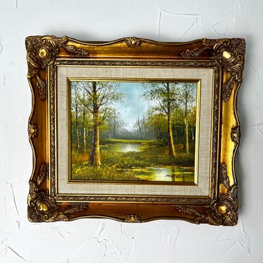 Vintage Original Oil Painting | Mid Century Art | Lakeview Landscape Stretched Canvas | Gold Vintage Frame | Framed Art 