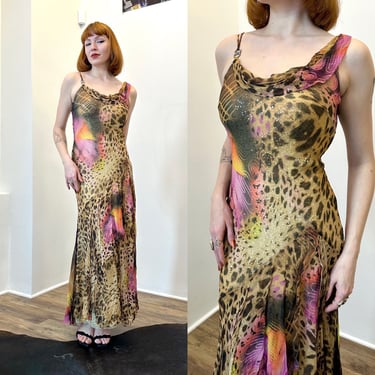Vintage 2000s Dress / Y2K Diane Freis Animal Print Sequin Silk Gown / Brown Pink ( small S ) 