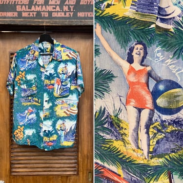 Vintage 1950’s Florida Photoprint Tiki Silky Rayon Hawaiian Shirt, 50’s Loop Collar, Vintage Clothing 